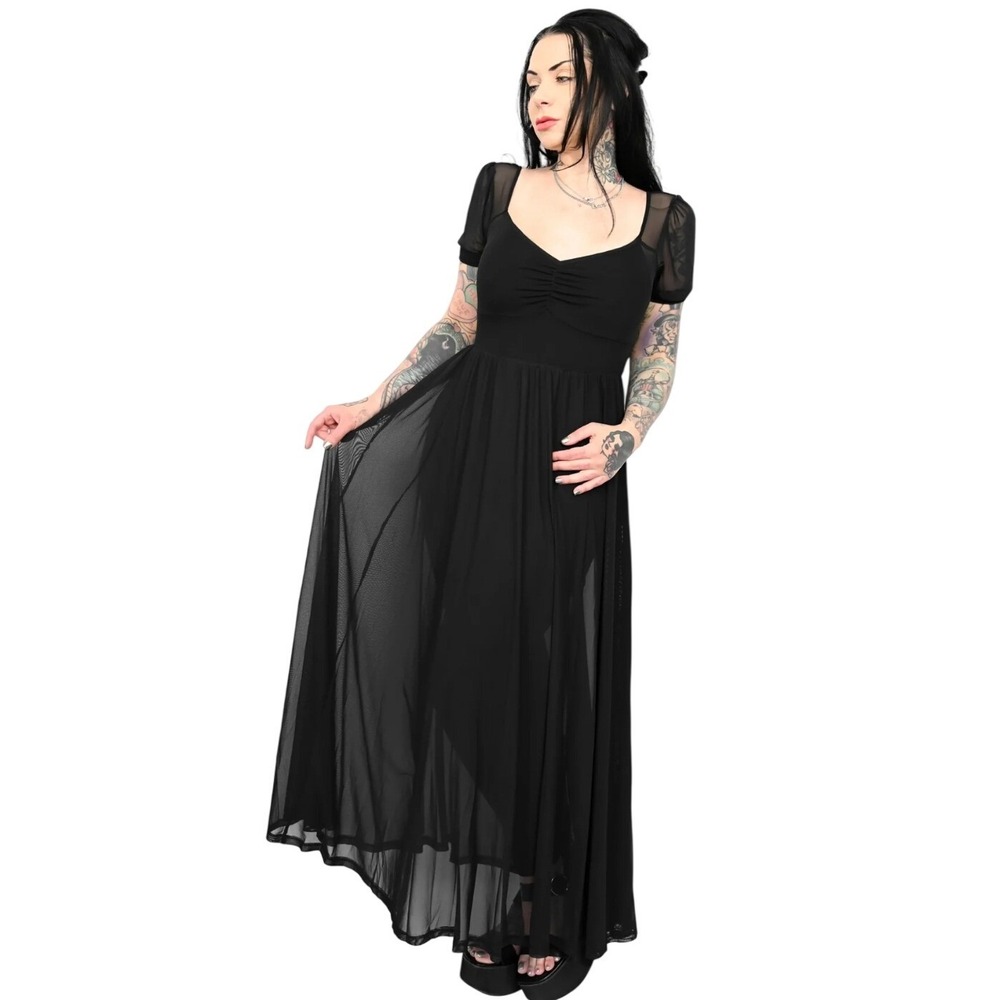 Foxblood Lily Mesh Maxi Dress Black Goth Sheer Puff Sleeve XL NEW